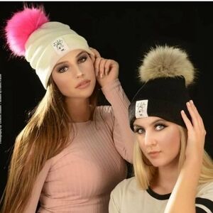Cookies & Cream interchangeable hats with  genuine fur pom hats . WHITE OR BLACK